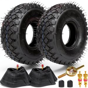 FVRITO Set of Two 4.10/3.50-4 4.10-4 410-4 Tire and Inner Tube with Bent Valve Stem Replacement for Lawn Mower Hand Truck Wheelbarrow Trailers Dollies Wagon Snowblower Compressor Generator Go kart-0