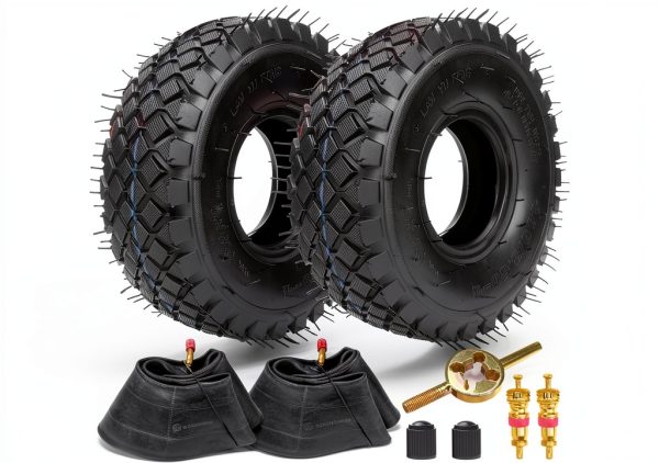 FVRITO Set of Two 4.10/3.50-4 4.10-4 410-4 Tire and Inner Tube with Bent Valve Stem Replacement for Lawn Mower Hand Truck Wheelbarrow Trailers Dollies Wagon Snowblower Compressor Generator Go kart-0